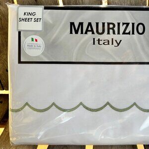 Maurizio Italy Cotton Percale KING Size Sheet Set Green Embroidered Scallop